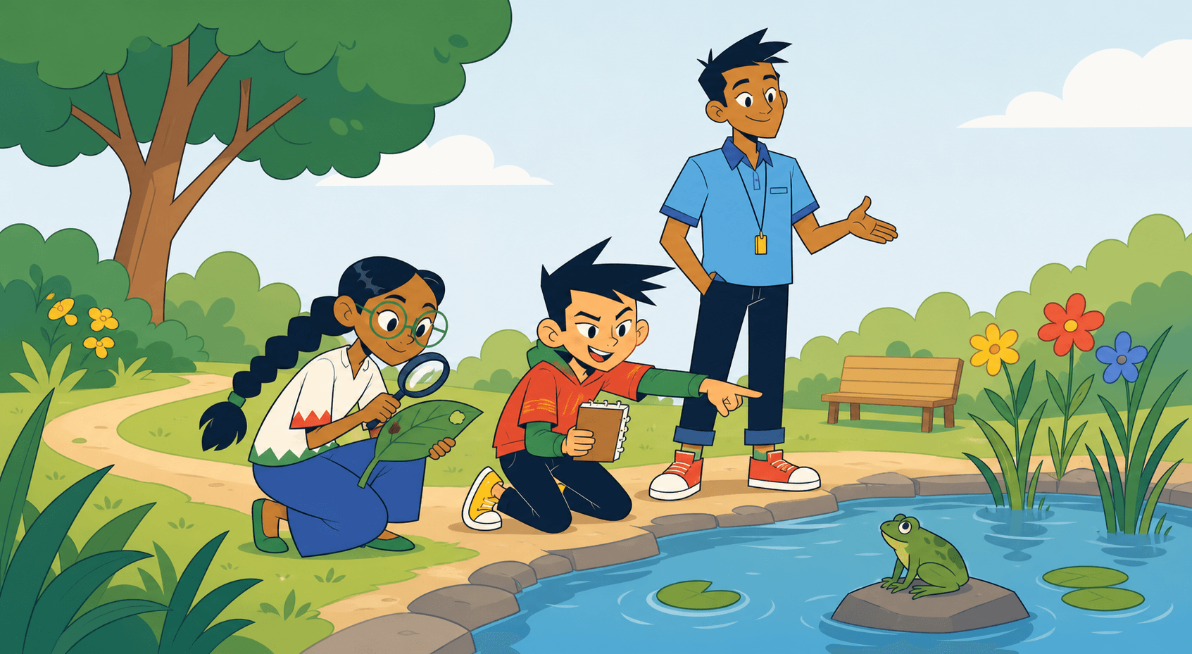Children investigate a leaf and a frog with a caregiver beside a pond.